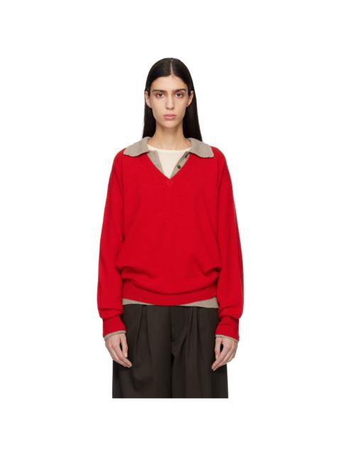 Red Pure Cashmere Knit V Neck LS Sweater