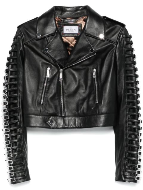 crystal-buckle biker jacket