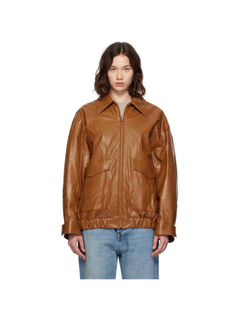 Brown Oversized Faux-Leather Bomber Jacket