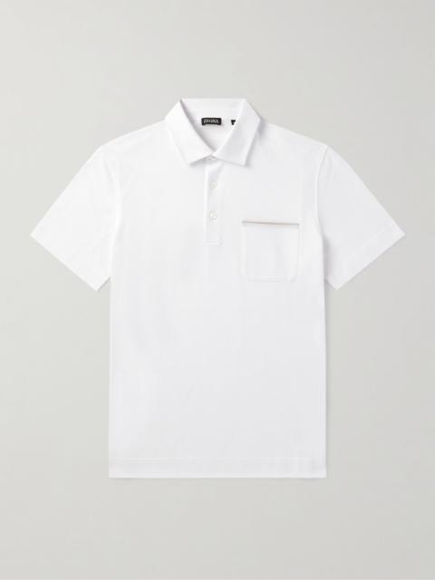 Leather-Trimmed Cotton-Piqué Polo Shirt White