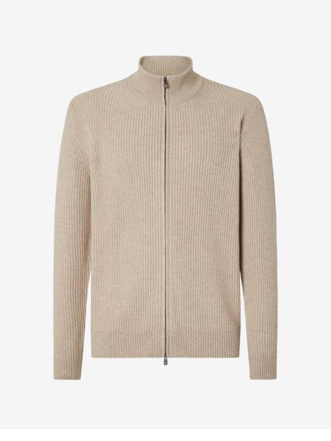 Beige full zip cashmere blend jumper