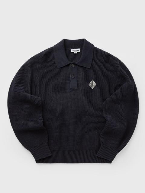 Badge Accent Pearl Rib Polo Collar Sweater