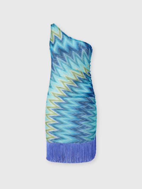 One-Shoulder Cover-Up with Fringes and Faded Stripes