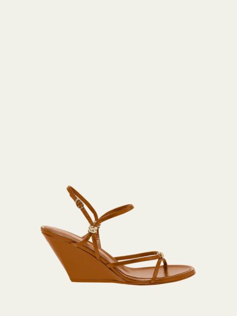 Coil Buckle Ankle-Strap Leather Wedge Sandals
