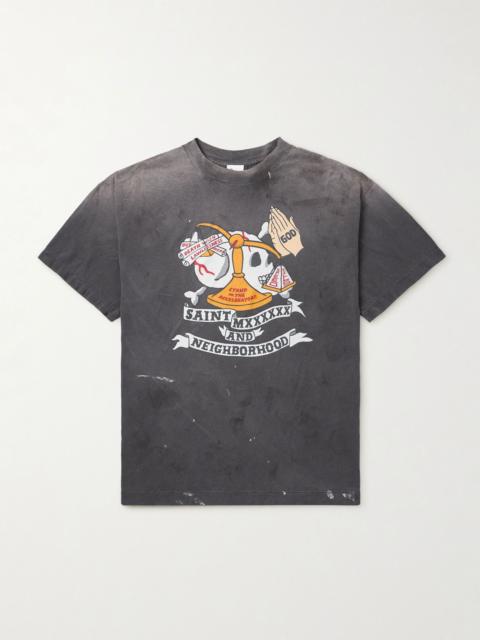 + Neighborhood Distressed Logo-Print Cotton-Jersey T-Shirt Gray