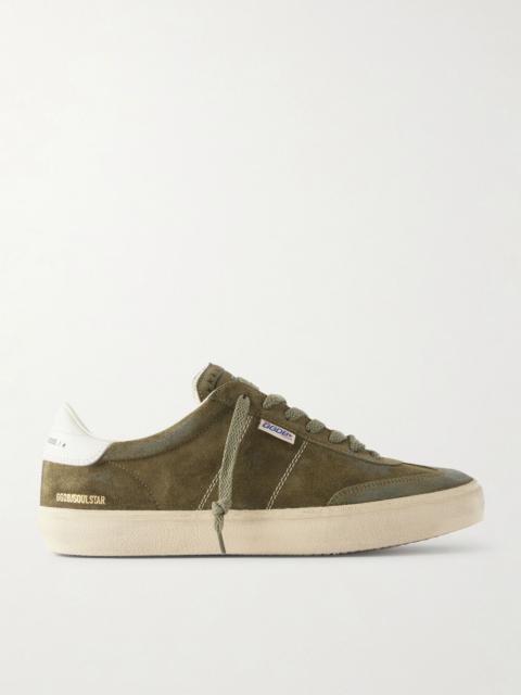 Soul Star Leather-Trimmed Distressed Suede Sneakers Army green