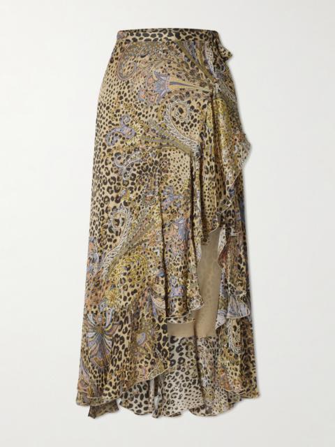 Ruffled Leopard And Paisley-print Silk-satin Midi Wrap Skirt
