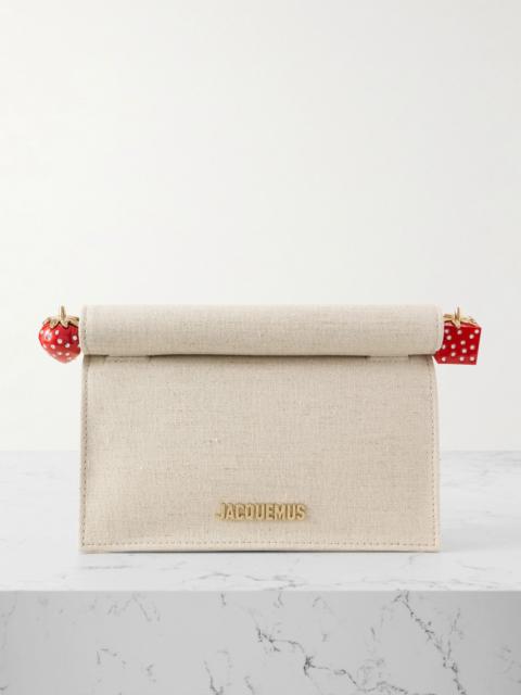 Pochette small embellished leather-trimmed canvas clutch Beige