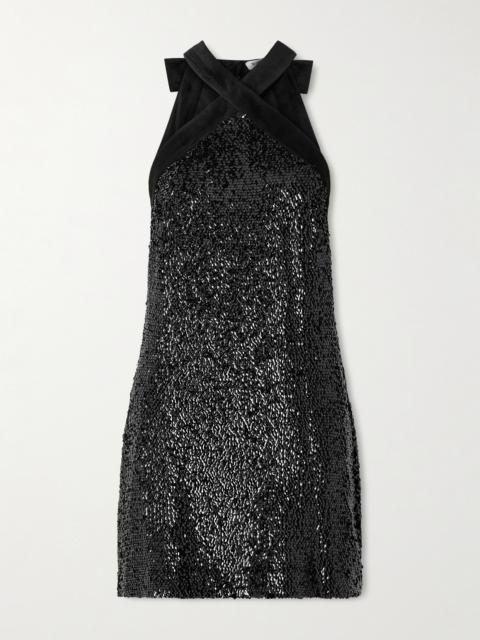 Isla Velvet-trimmed Sequined Jersey Halterneck Mini Dress