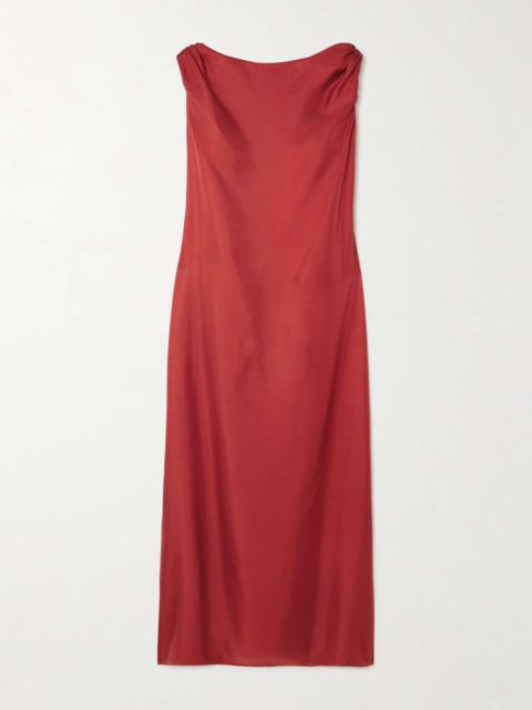Moun knotted draped silk-twill midi dress Red