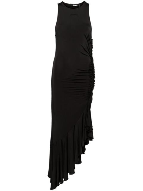 gathered asymmetric midi dress