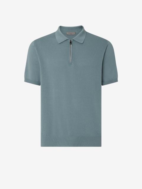 Blue green zip-up Pima cotton polo shirt
