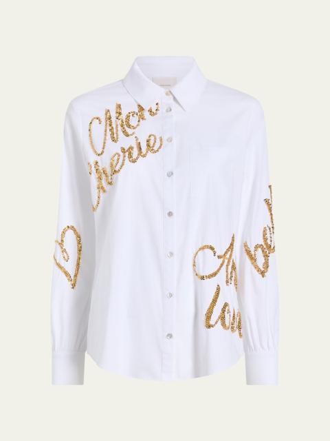 Crushed Sequin Loveletter Blanche Button-Front Shirt