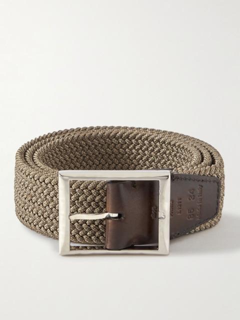 3.5cm Leather-Trimmed Woven Elastic Belt Beige