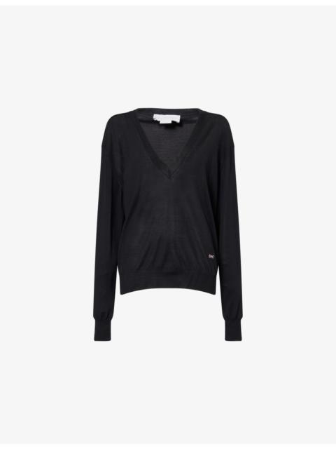 Embroidered V-Neck Fine-Knit Wool Jumper
