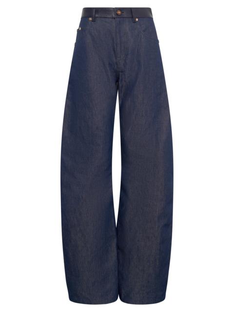Lucian Barrel-leg Jean in Indigo Blue Recycled Cotton Linen Denim & Textured Leather