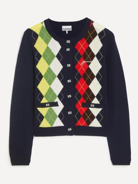 Navy Wool-Cashmere Argyle Cardigan