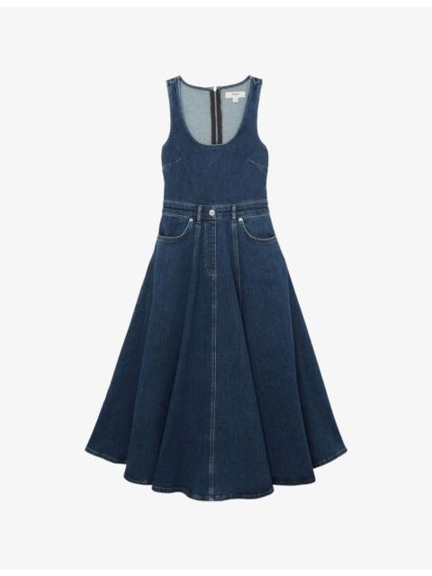 Rosie Fitted-Waist Sleeveless Stretch-Denim Midi Dress