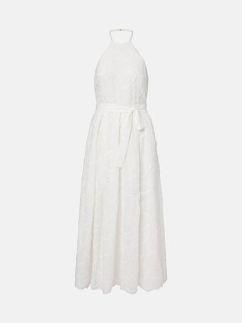 Embroidered belted cotton-blend midi dress