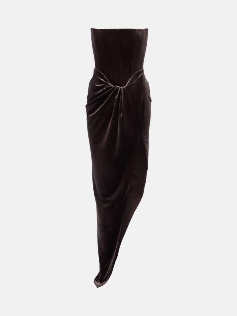 Draped asymmetric velvet bustier dress