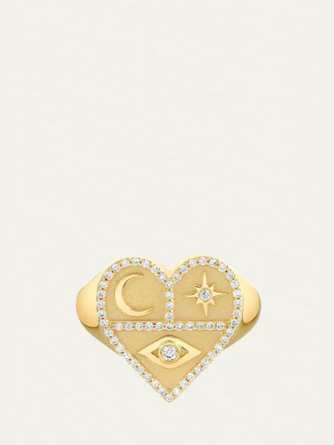 14K Yellow Gold Heart Icons Signet Ring with Diamonds