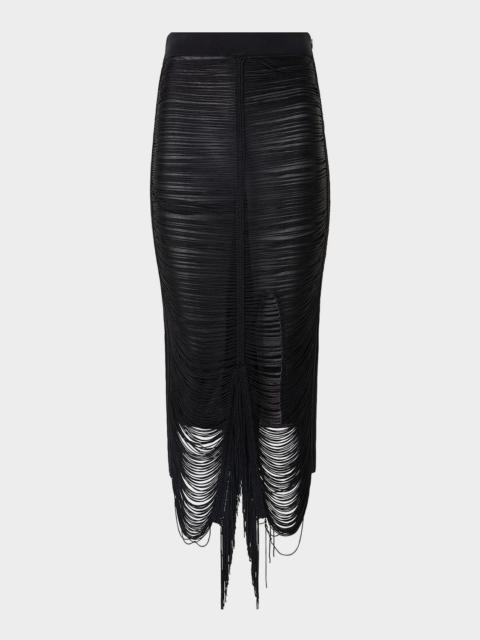 Draped Fringe Silk Knit Midi Pencil Skirt