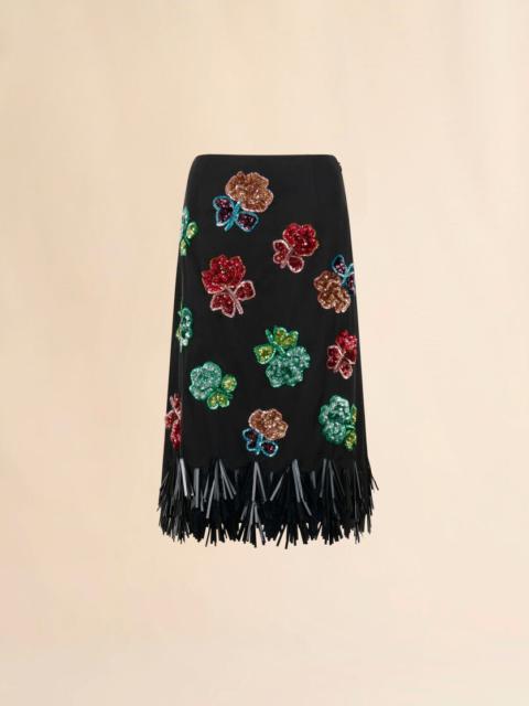 BLACK SATIN SKIRT WITH SEQUIN FLOWERS