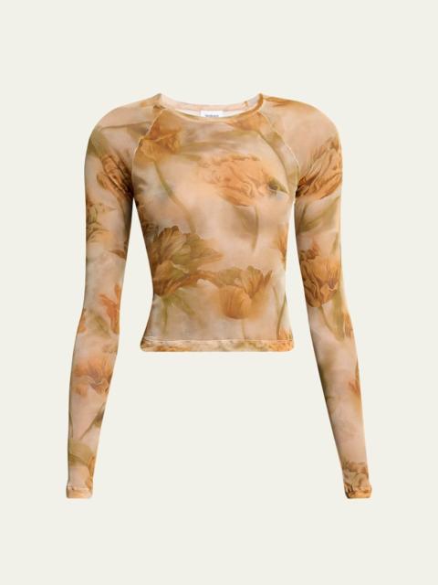 Floral-Print Mesh Long-Sleeve Top