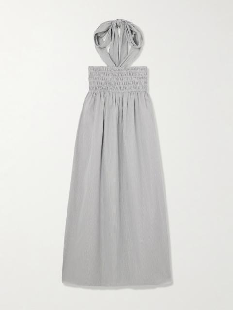 Smocked Pinstriped Poplin Halterneck Midi Dress