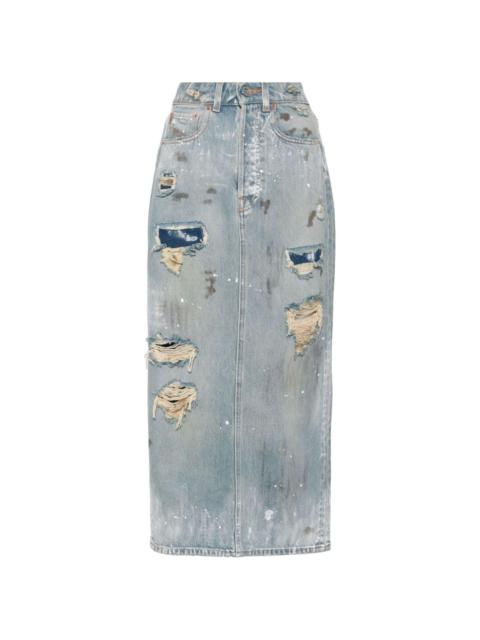 distressed-effect denim midi skirt