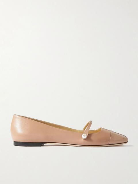 Elisa embellished patent-trimmed leather Mary Jane flats Beige
