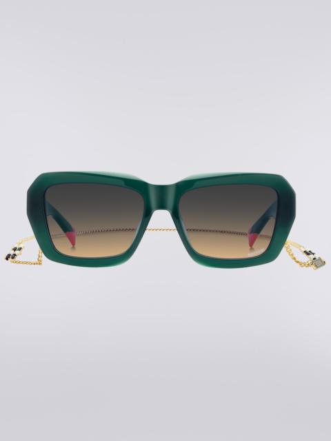 Square acetate sunglasses with a metal chain