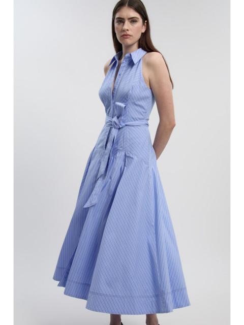 Cotton Collared Stripe Halter Neck Woven Midi Shirt Dress With Dropped Waist Detail