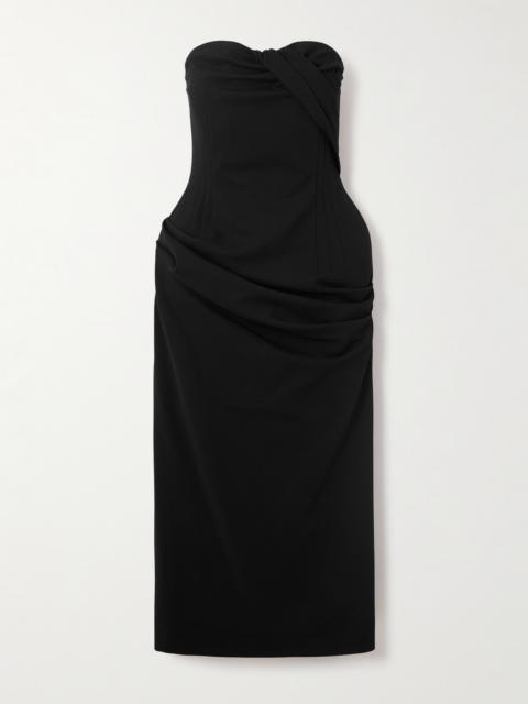 Strapless Gathered Cady Midi Dress