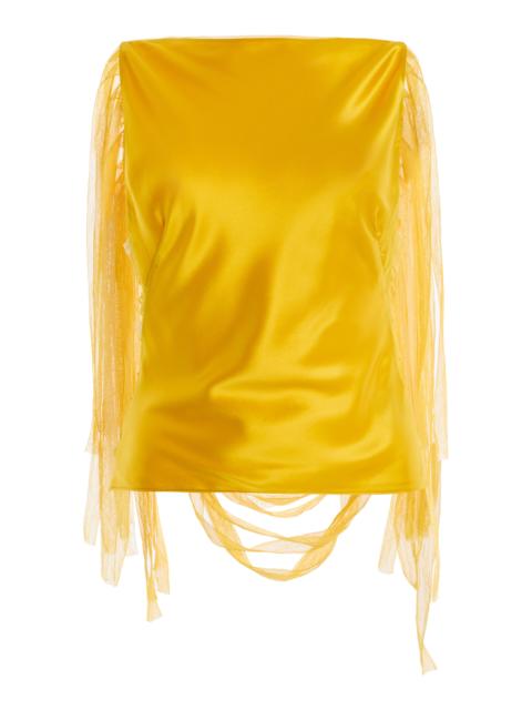 Exclusive Lattice lace-Trimmed Hammered-Silk Top orange