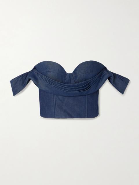 De Azahar off-the-shoulder draped TENCEL™ bustier top Dark denim