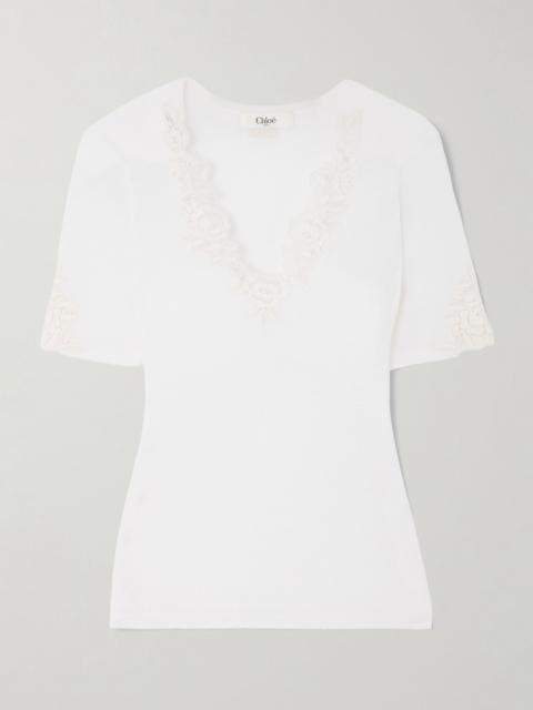 Lace-trimmed ribbed wool top White