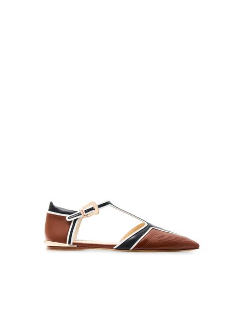 Leya Moto T-Strap Flat Shoe in Cognac Multi Leather