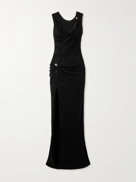Embellished draped stretch-jersey gown Black