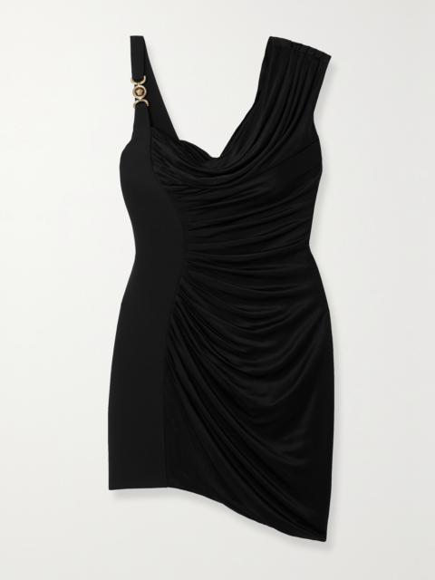 Asymmetric Embellished Draped Jersey Mini Dress
