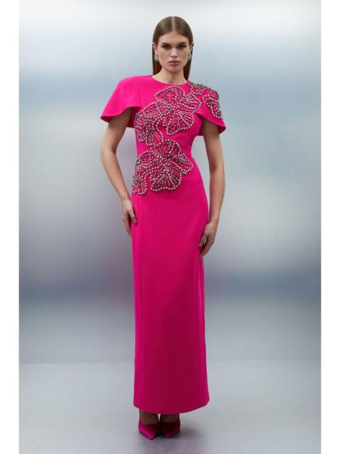 Petite Placed Floral Crystal Embellished Tailored Cape Maxi Dress