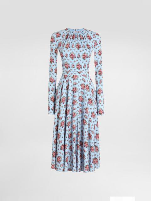 Small flower bouquets-print long charmeuse dress