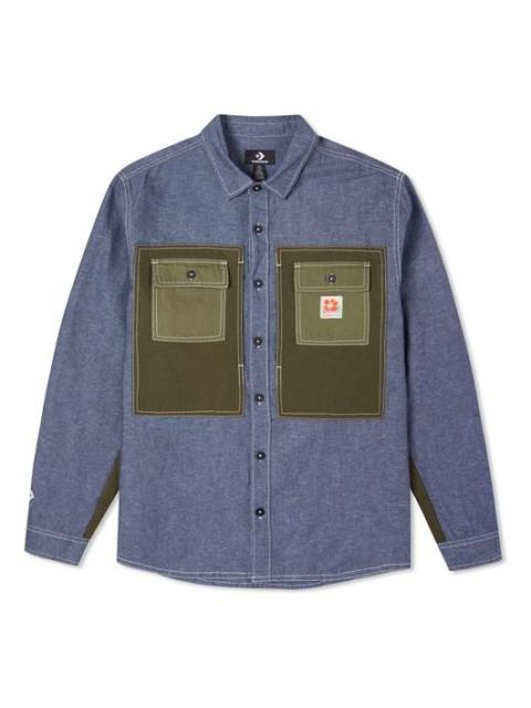 Men's Converse Flowers Small Logo Retro Splicing Contrasting Colors Woven Shirt Jacket Blue 10024167