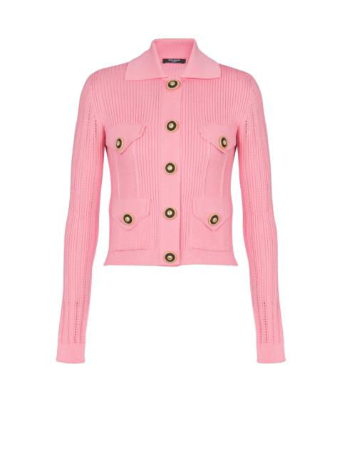 Cropped ribbed knit cardigan with openwork details