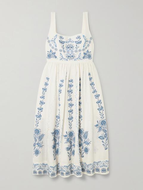 Miramar Floritura Gathered Embroidered Linen Midi Dress