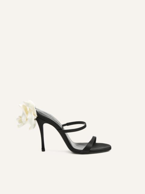 Flower heel leather sandals in black satin