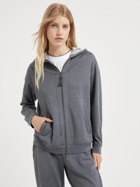 Cotton and silk interlock hooded sweatshirt with precious zipper pull