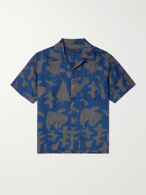 Convertible-Collar Printed Linen Shirt Blue