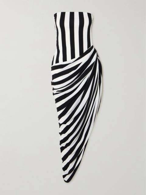 Strapless Asymmetric Draped Striped Jersey Gown