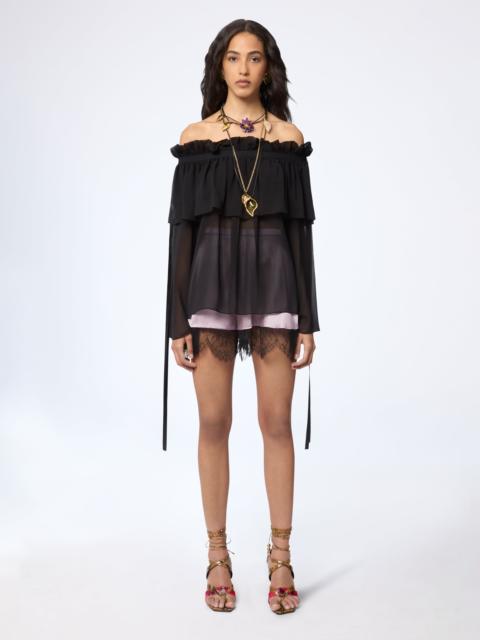 Black Boat Neck Silk Top With Bow Details